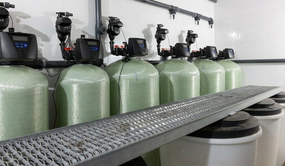 Réservoirs de filtration et têtes de contrôle d'une installation commerciale Pure H2O pour un établissement visé par le RQEP 2026